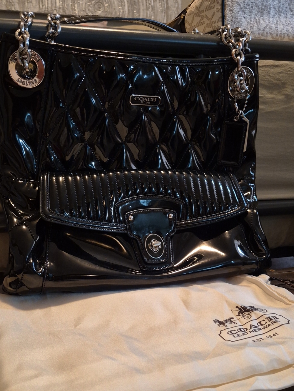 Coach Poppy Liquid Gloss Black Patent Leather Bag Purse with Chain-Strap